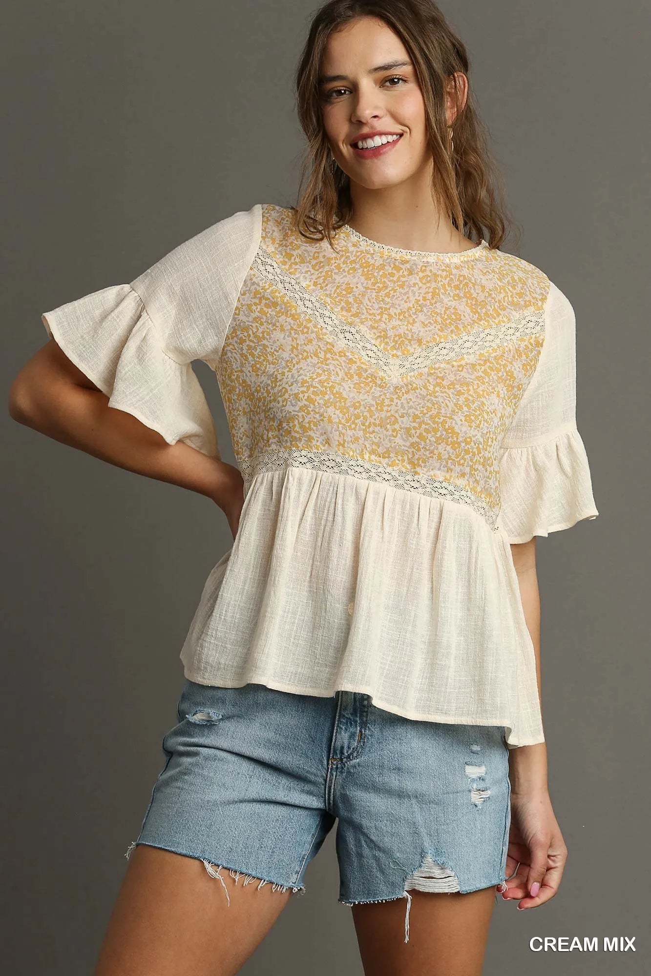 Umgee Floral Lace Trimmed Detail Half Sleeve Babydoll Top - JUST - JEN BOUTIQUE