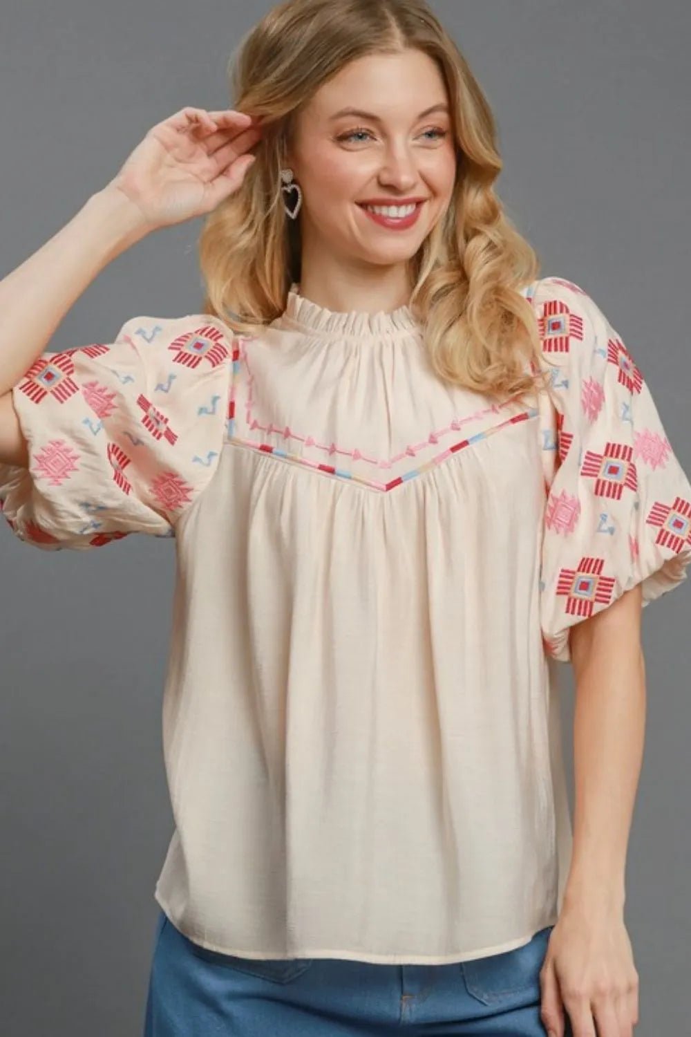 Umgee Full Size Embroidered Puff Sleeve Mock Neck Top Plus Size - JUST - JEN BOUTIQUE