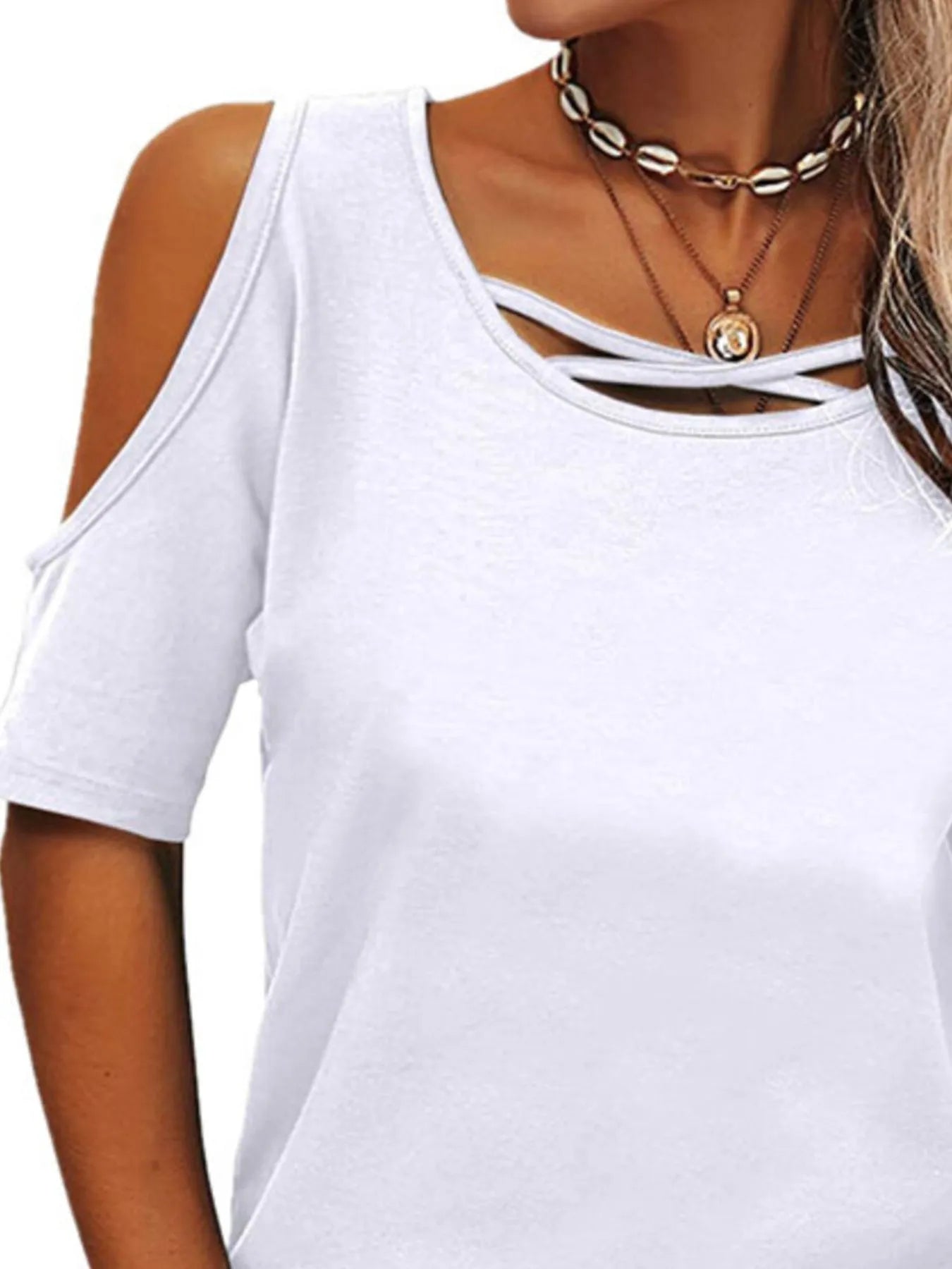 Full Size Crisscross Cold Shoulder Casual T-Shirt Plus Size - JUST - JEN BOUTIQUE
