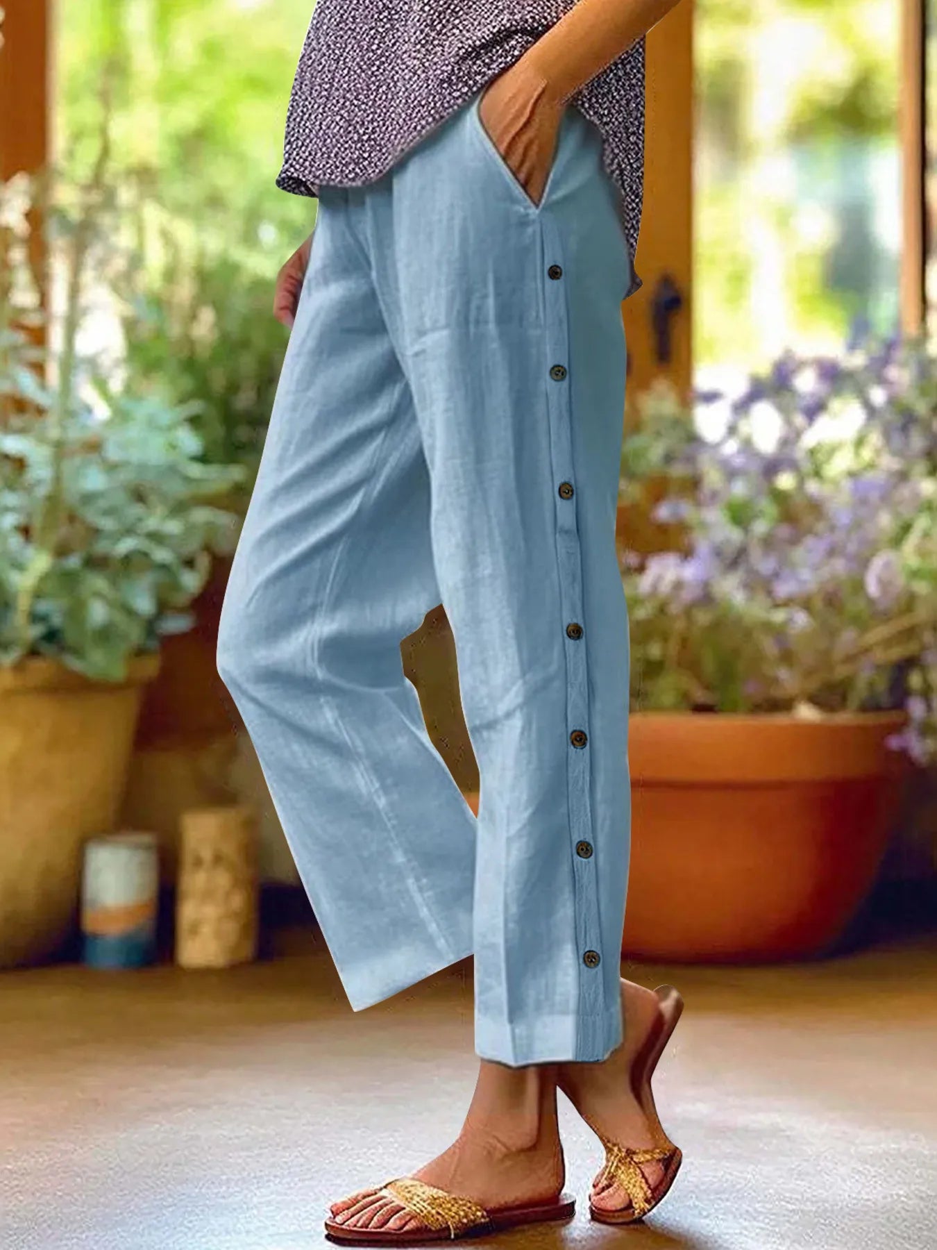 Full Size Side Decor Button Casual Wide Leg Pants Plus Size - JUST - JEN BOUTIQUE