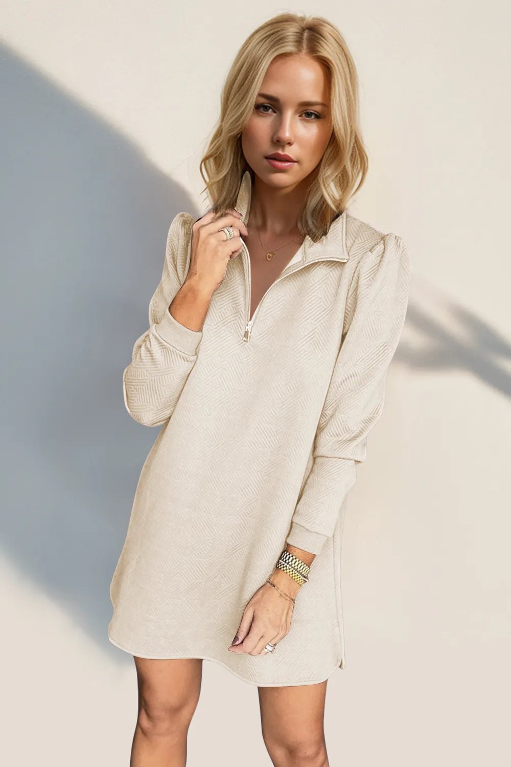 Double Take Textured Quarter Zip Long Sleeve Dress - JUST - JEN BOUTIQUE