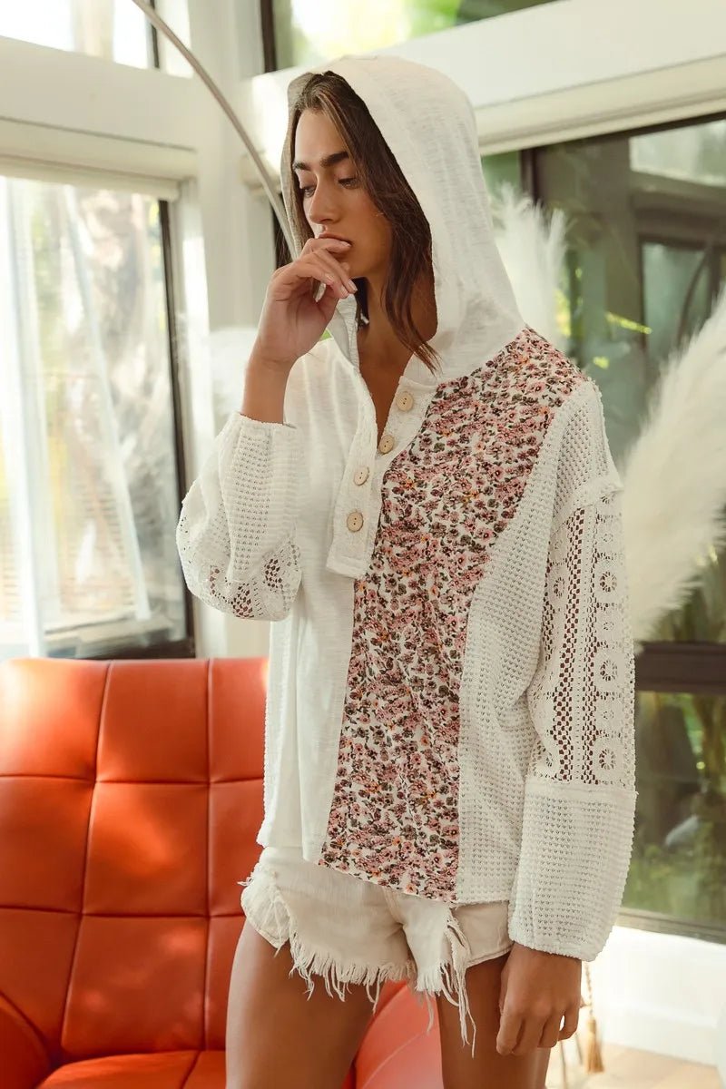 BiBi Slub Jersey with Lace Combo Buttoned Hoodie Top - JUST - JEN BOUTIQUE