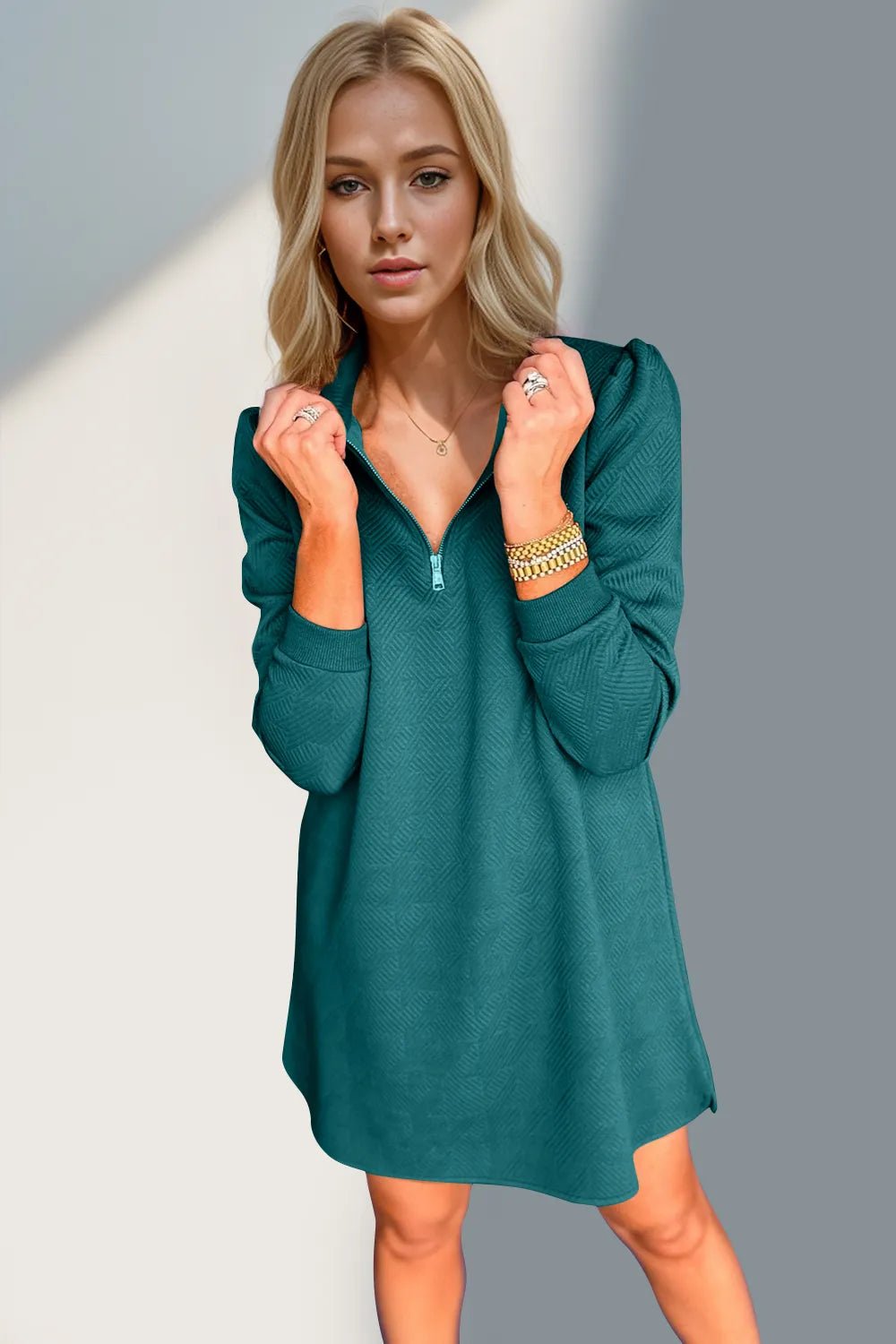 Double Take Textured Quarter Zip Long Sleeve Dress - JUST - JEN BOUTIQUE