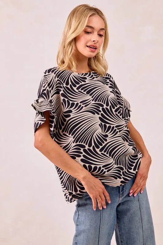 BiBi Print Woven Ruffled Sleeves Top - JUST - JEN BOUTIQUE