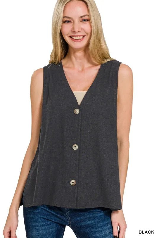 Zenana Side Slit Button - Front Vest - JUST - JEN BOUTIQUE