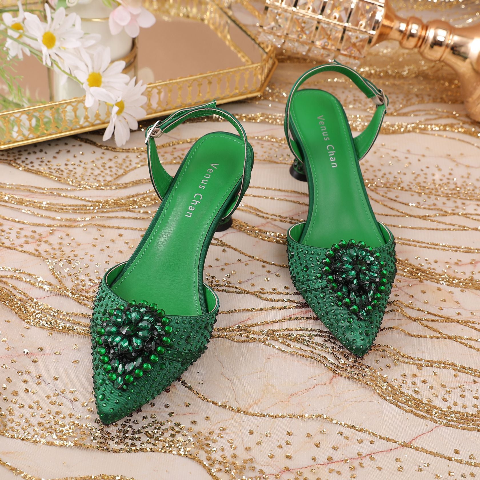 Rhinestone Point Toe Flare Heel Slingback Pumps - JUST - JEN BOUTIQUE