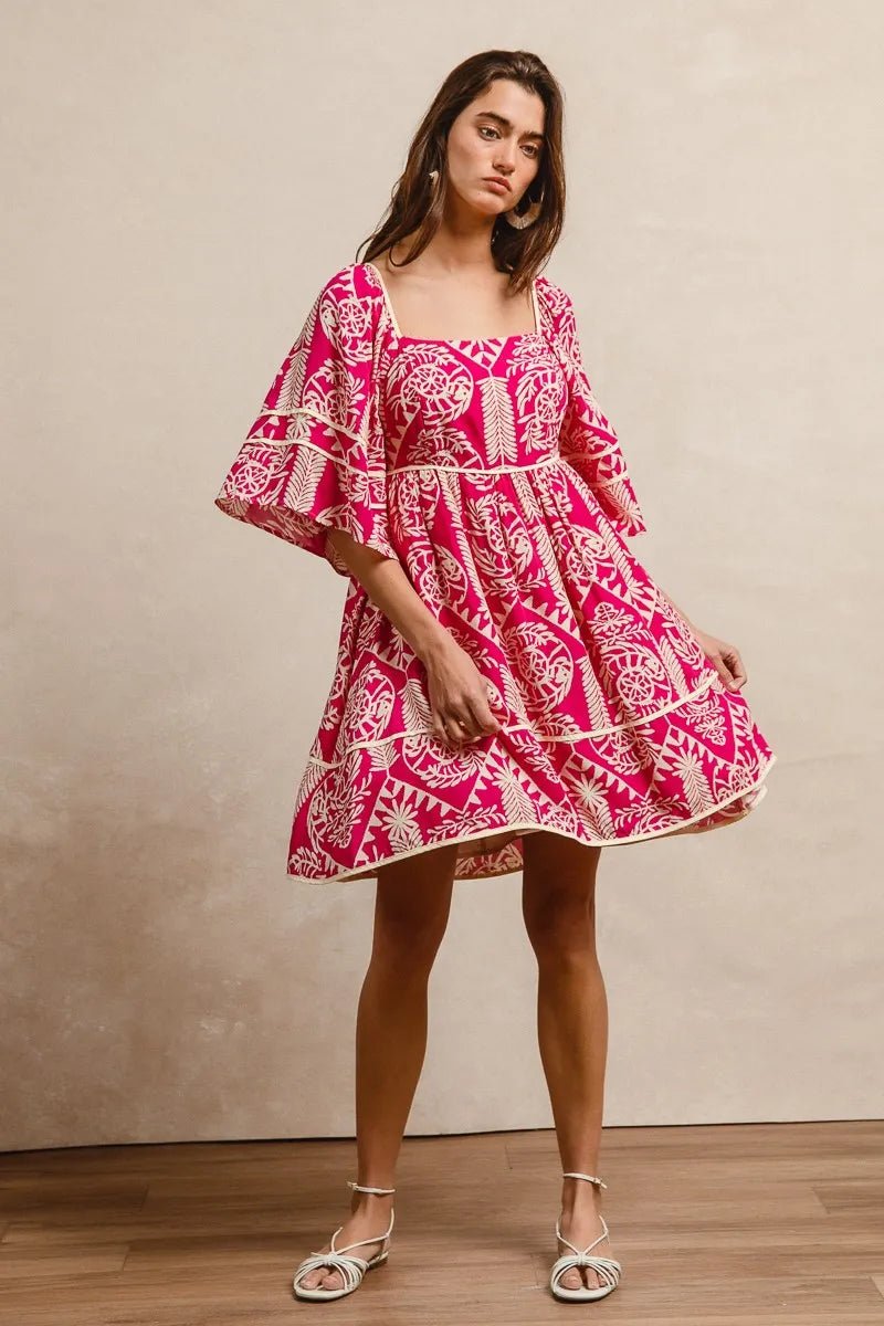 BiBi Aztec Woven Printed Contrast Binding Dress - JUST - JEN BOUTIQUE