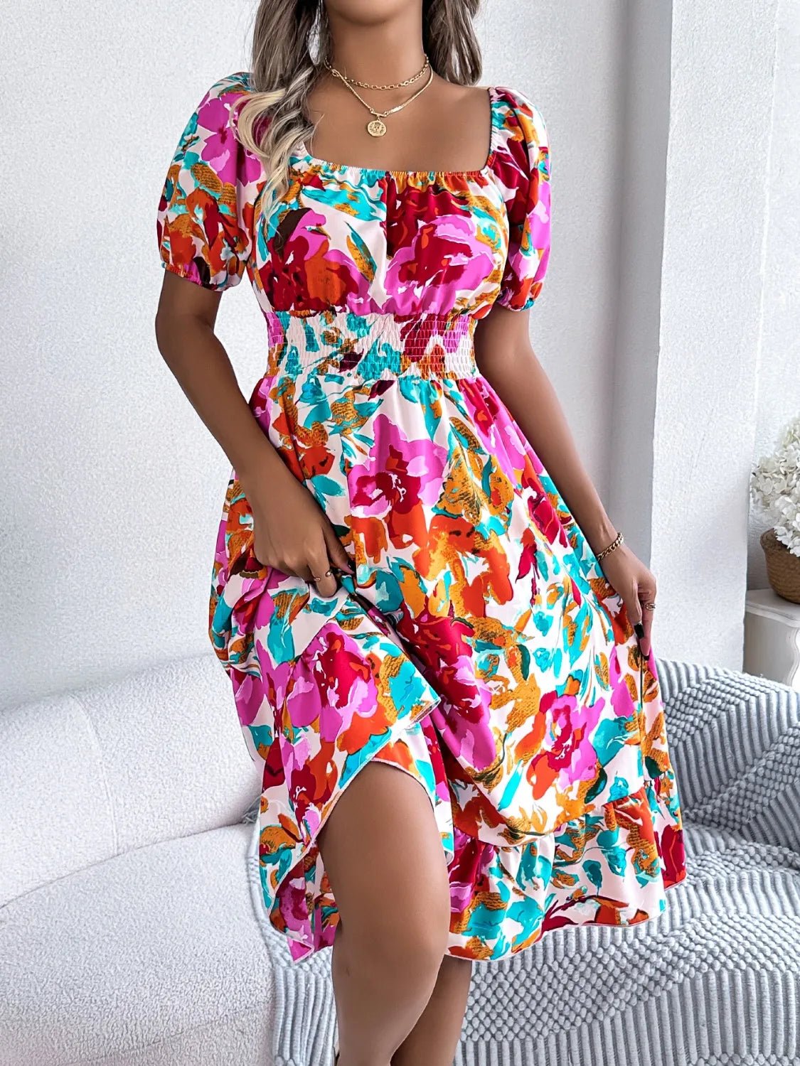 Ruffled Hem Smocked Floral Short Sleeve Midi Dress - JUST - JEN BOUTIQUE