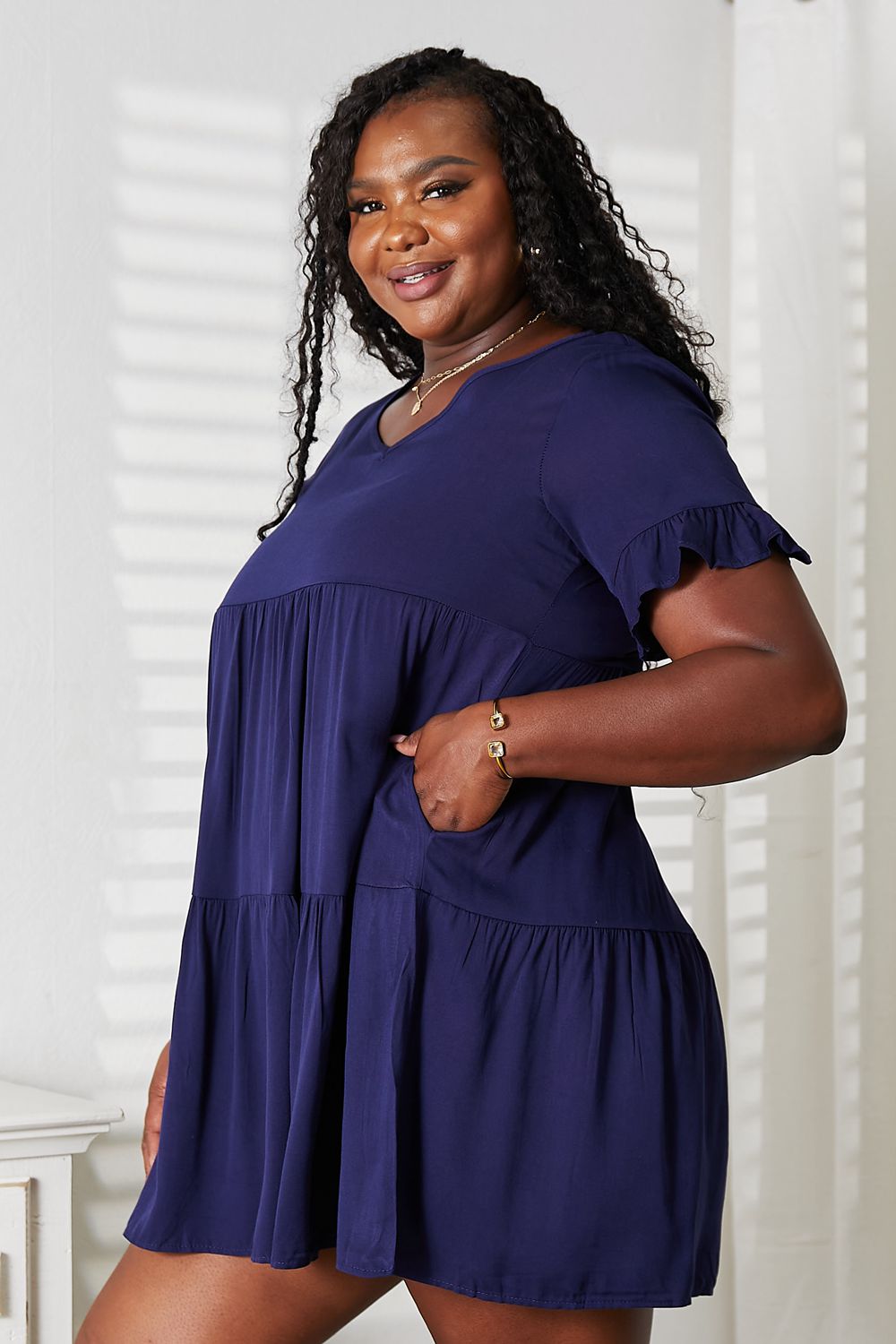 Mandy V - Neck Flounce Sleeve Tiered Dress - JUST - JEN BOUTIQUE