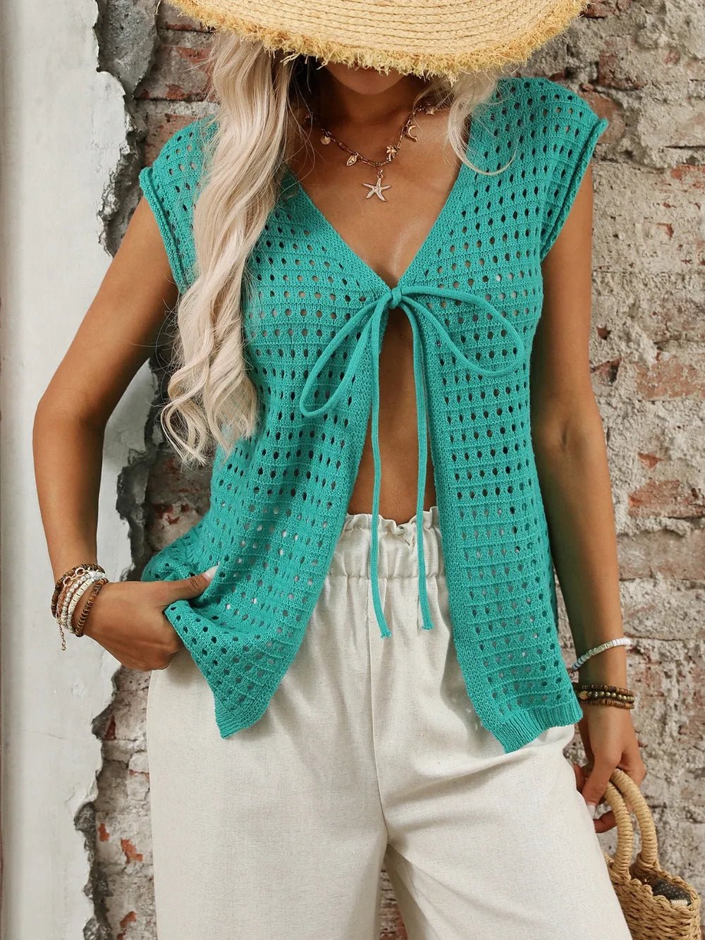 Tied Front Openwork V - Neck Knit Top - JUST - JEN BOUTIQUE