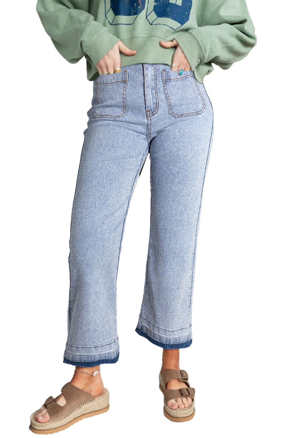 Beau Blue Acid Washed Contrast Hem Pocketed Cropped Jeans