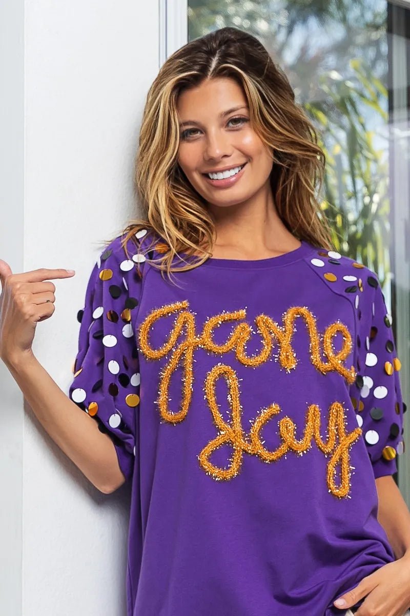 BiBi Game Day Metallic Letter Spangle Sleeve Top - JUST - JEN BOUTIQUE