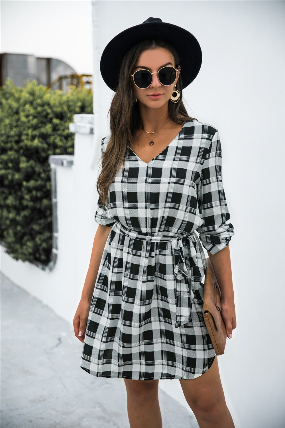Plaid V - Neck Tie Waist Dress - JUST - JEN BOUTIQUE