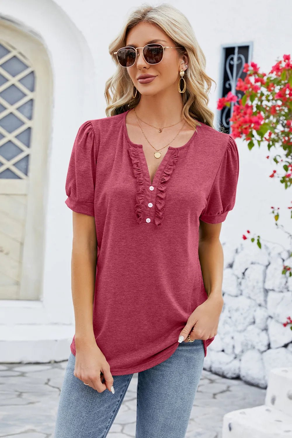 Frill Notched Short Sleeve Blouse - JUST - JEN BOUTIQUE