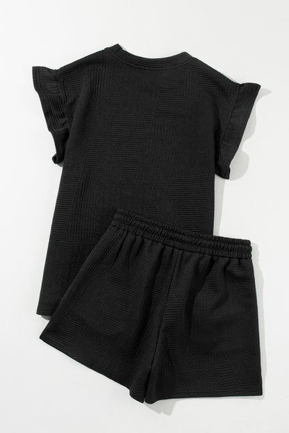 Black Textured Ruffle Split Top and Drawstring Shorts