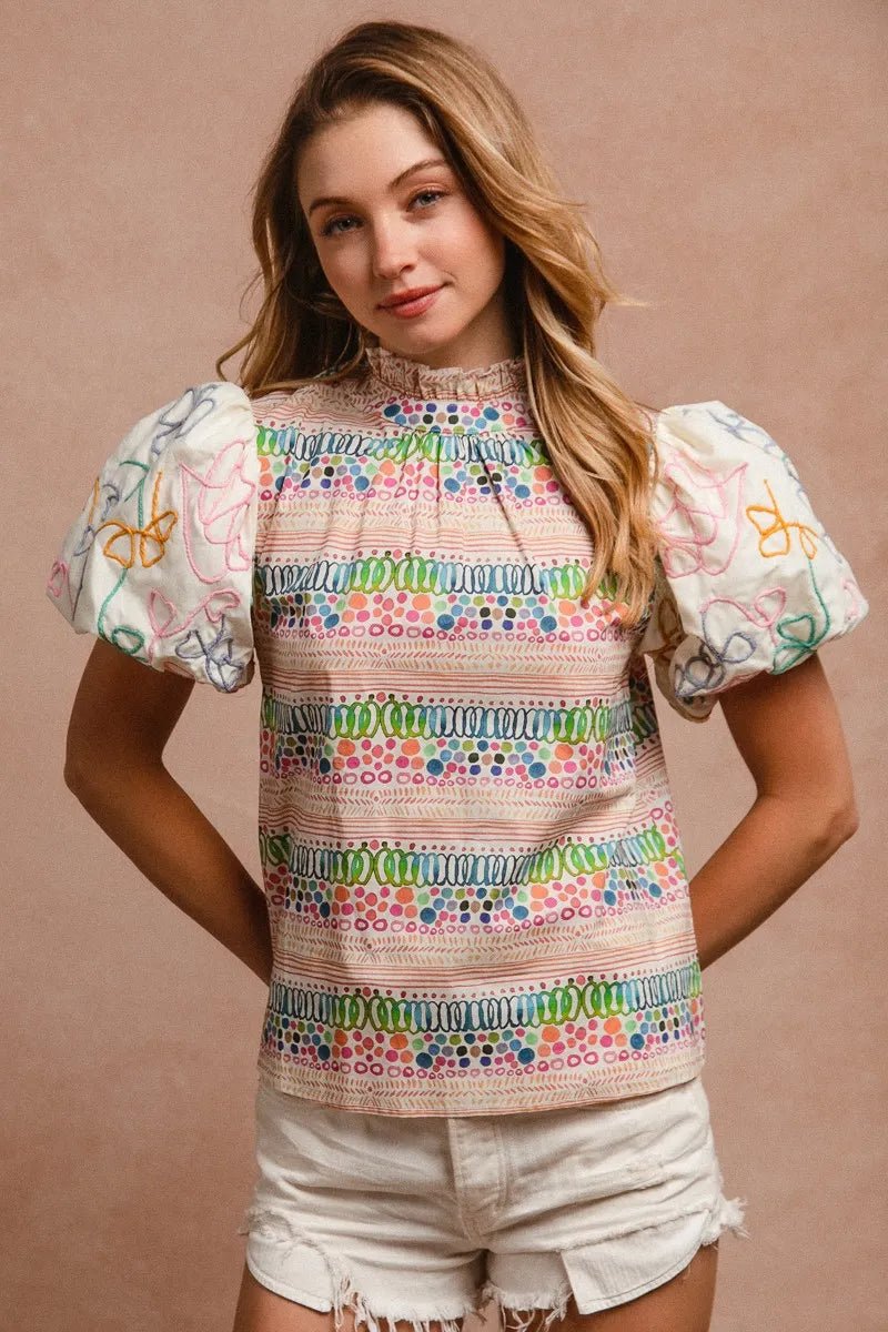 BiBi Ruffle Neckline Blouse With Embroidery Bubble Sleeve - JUST - JEN BOUTIQUE
