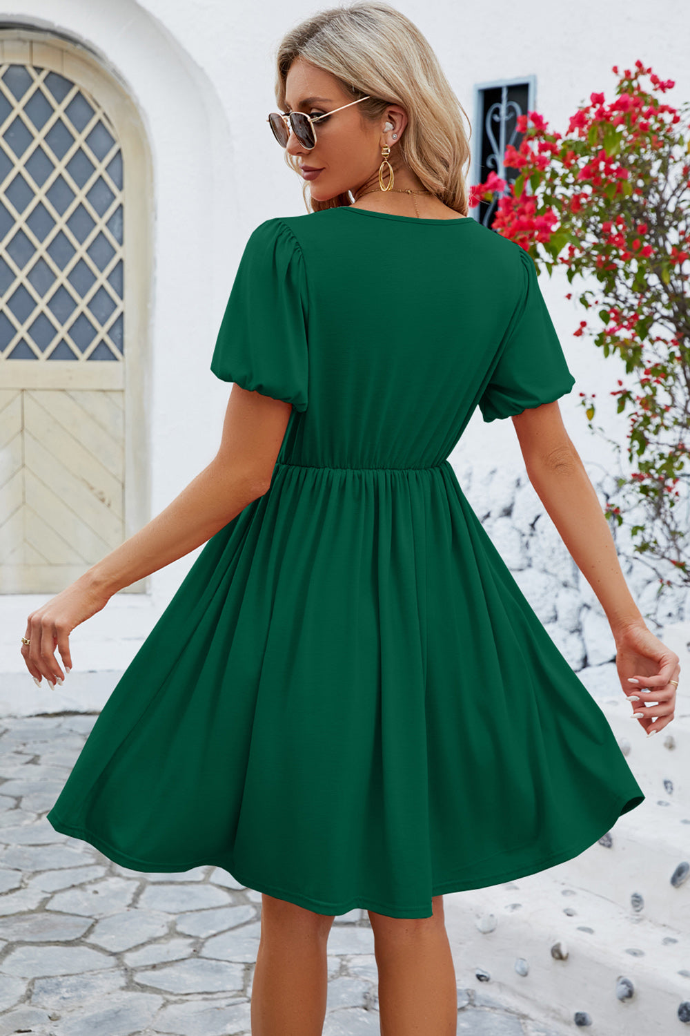 V-Neck Balloon Short Sleeve Dress