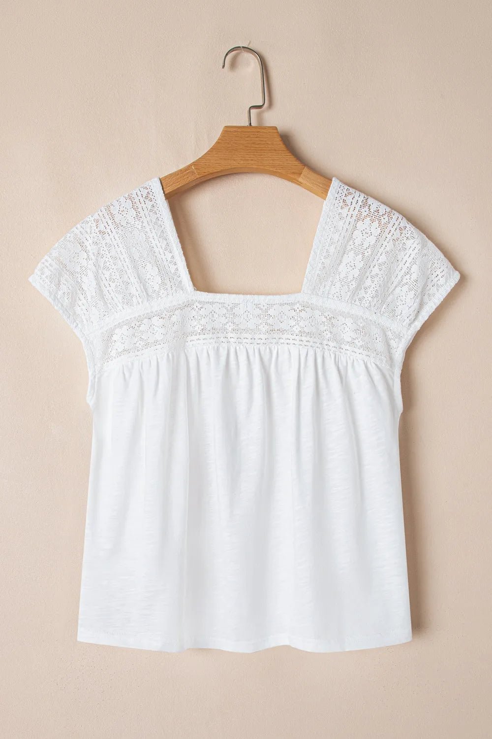 Hollowed Lace Patchwork Square Neck Short Sleeve Blouse - JUST - JEN BOUTIQUE