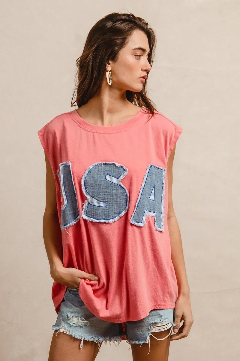 BiBi Washed Jersey With Usa Patched Raw Cut Edge Detail - JUST - JEN BOUTIQUE