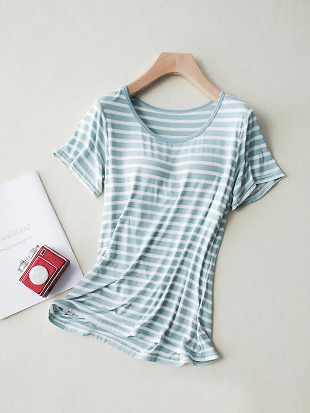 Striped Round Neck Short Sleeve T-Shirt with Bra - JUST - JEN BOUTIQUE