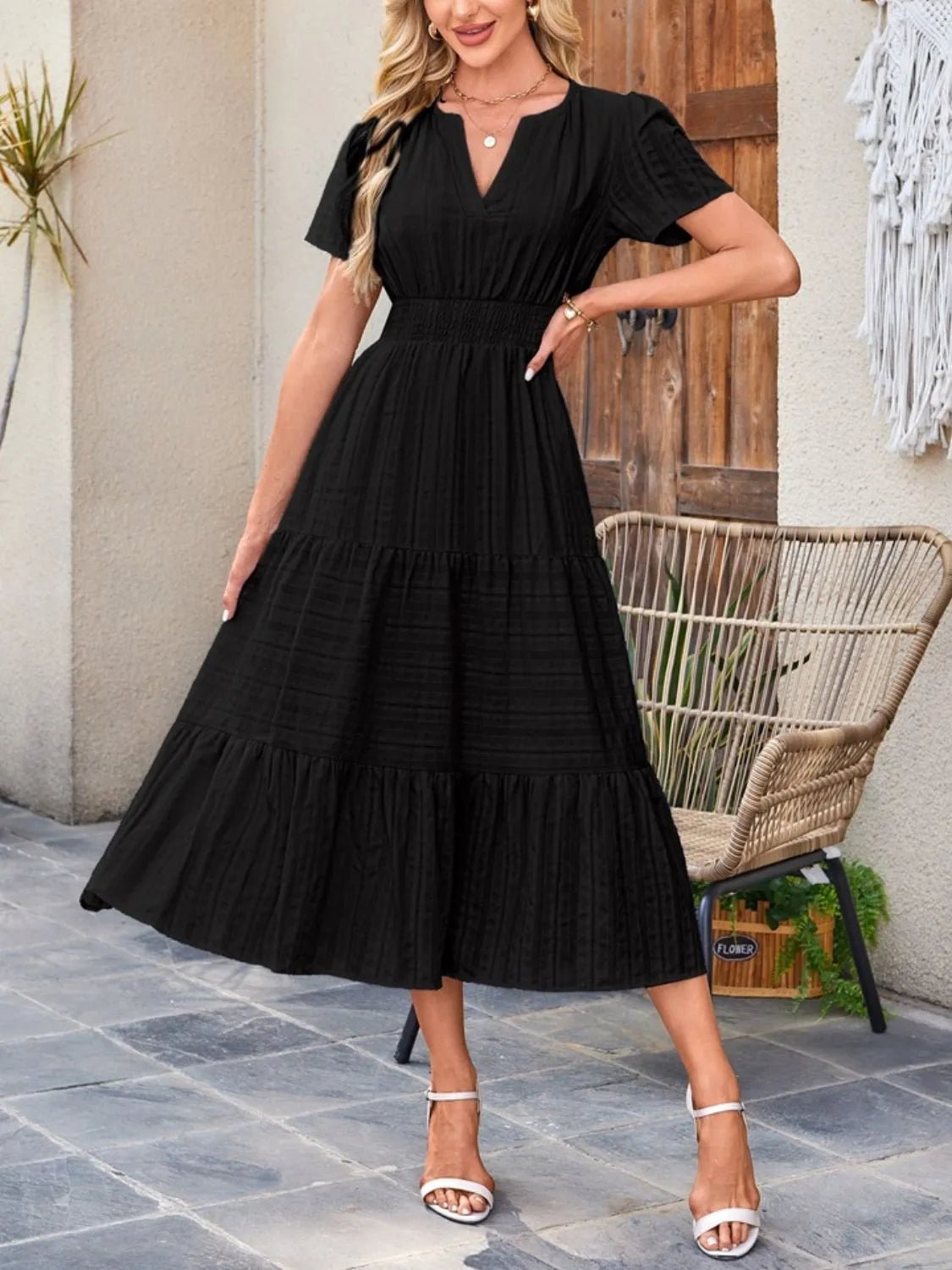 Tiered Notched Short Sleeve Dress - JUST - JEN BOUTIQUE