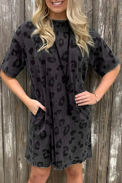 Gray Vintage Washed Leopard T-Shirt Dress with Pockets