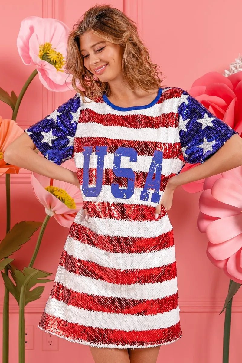 BiBi American Flag Theme Usa Print Sequin Dress - JUST - JEN BOUTIQUE