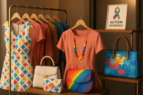 generate a photo of fashion apparel,handbags,and how we hope to strive higher for the hope of autism awareness 