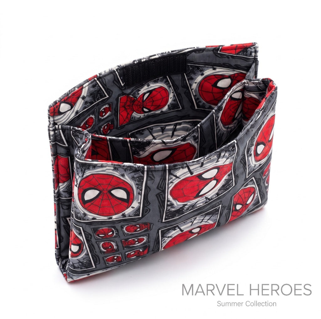 JUST-JEN BOUTIQUE Spider-Man comic print fabric crossbody bag with open interior compartments on white background