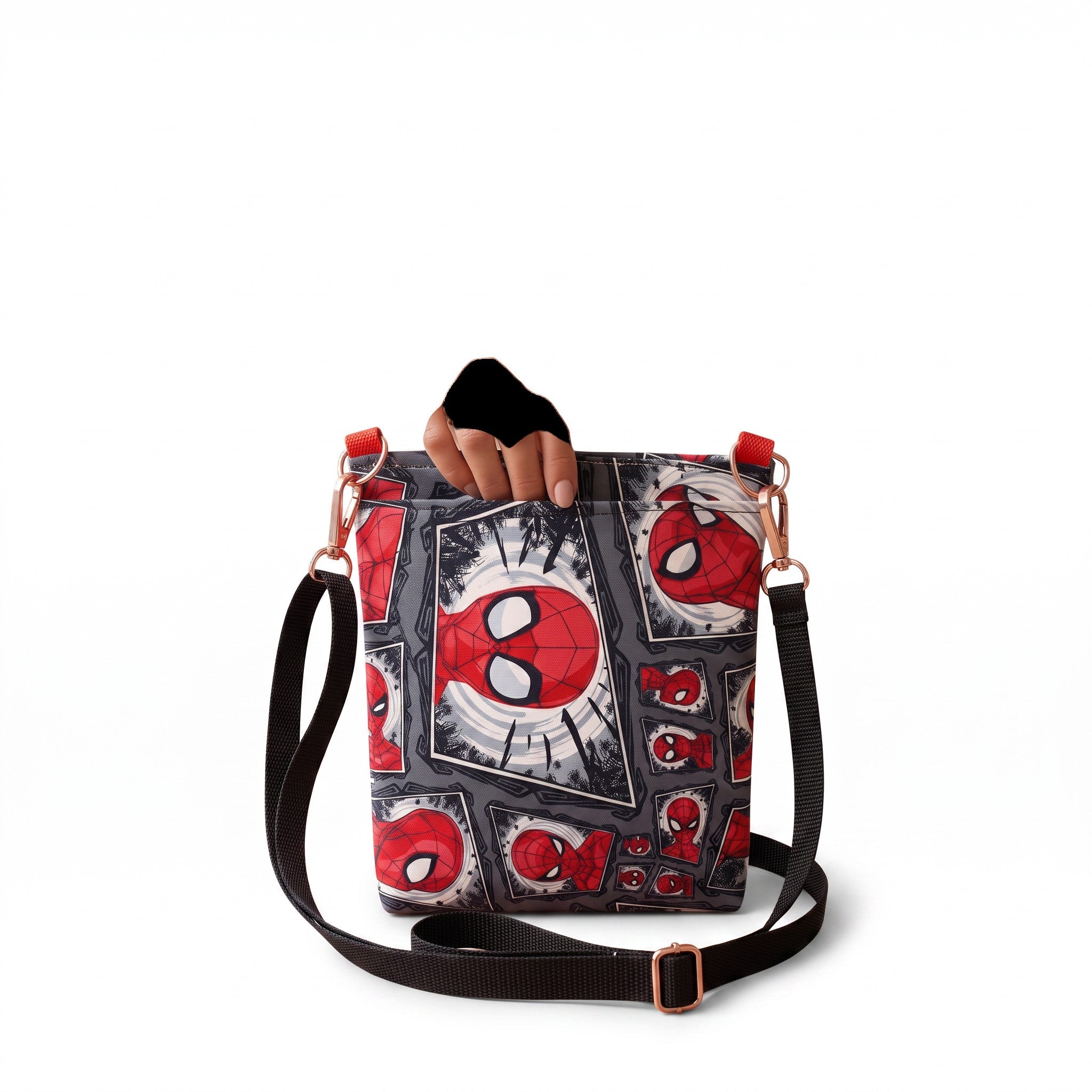 JUST-JEN BOUTIQUE Spider-Man comic print crossbody bag with black adjustable strap and rose gold hardware