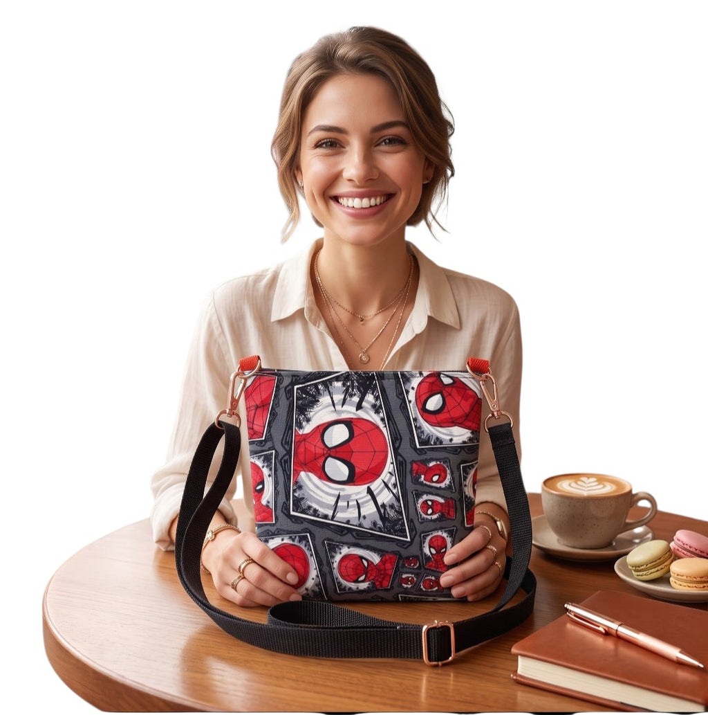 A woman smiling at a cafe table holding a JUST-JEN BOUTIQUE Spider-Man graphic print crossbody bag with black strap.