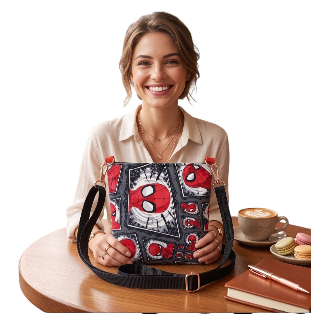A woman smiling at a cafe table holding a JUST-JEN BOUTIQUE Spider-Man graphic print crossbody bag with black strap.