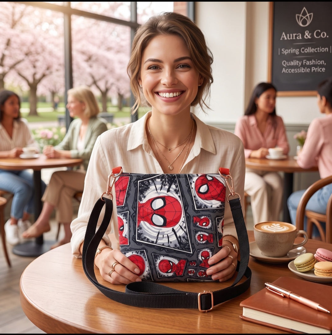 JUST-JEN BOUTIQUE Spider-Man comic print crossbody bag held by a smiling woman in a cafe setting.