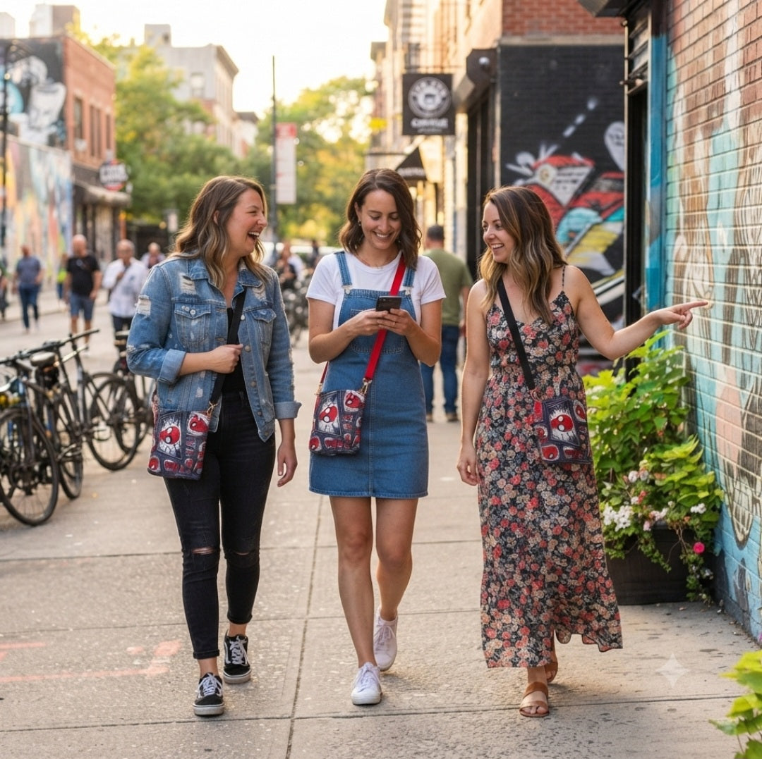 Three women walking on a city street wearing JUST-JEN BOUTIQUE Spider-Man graphic print crossbody bags.