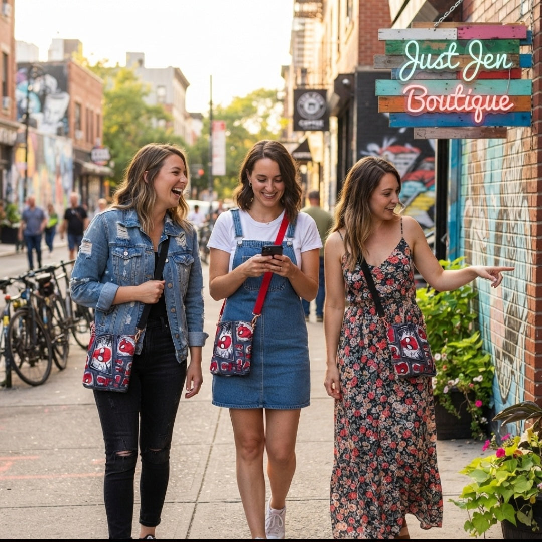 Three women walking past a JUST-JEN BOUTIQUE sign wearing Spider-Man graphic print crossbody bags with adjustable straps.