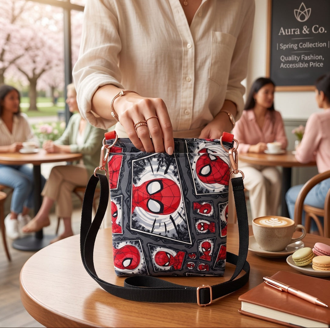 JUST-JEN BOUTIQUE Spider-Man graphic print crossbody bag with adjustable strap held by a woman in a cafe