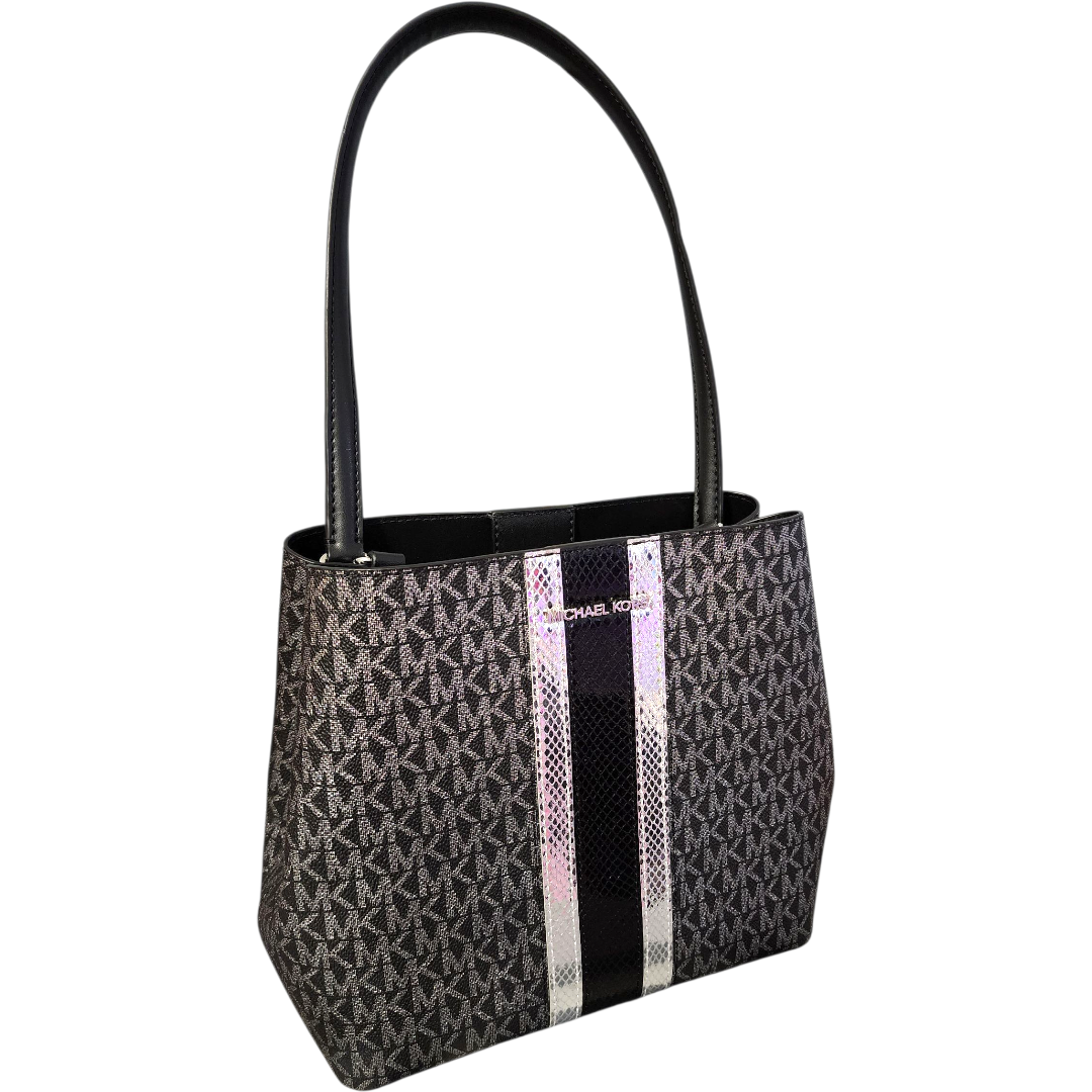 Michael Kors Pratt Bucket Silver Striped Glitter Signature Shoulder Tote Handbag