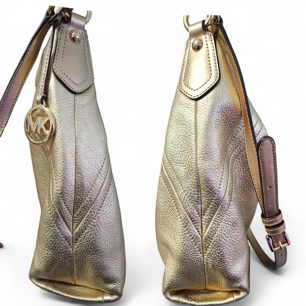 Michael Kors Aria Gold Soft Pebbled Leather Shoulder Hobo Bag