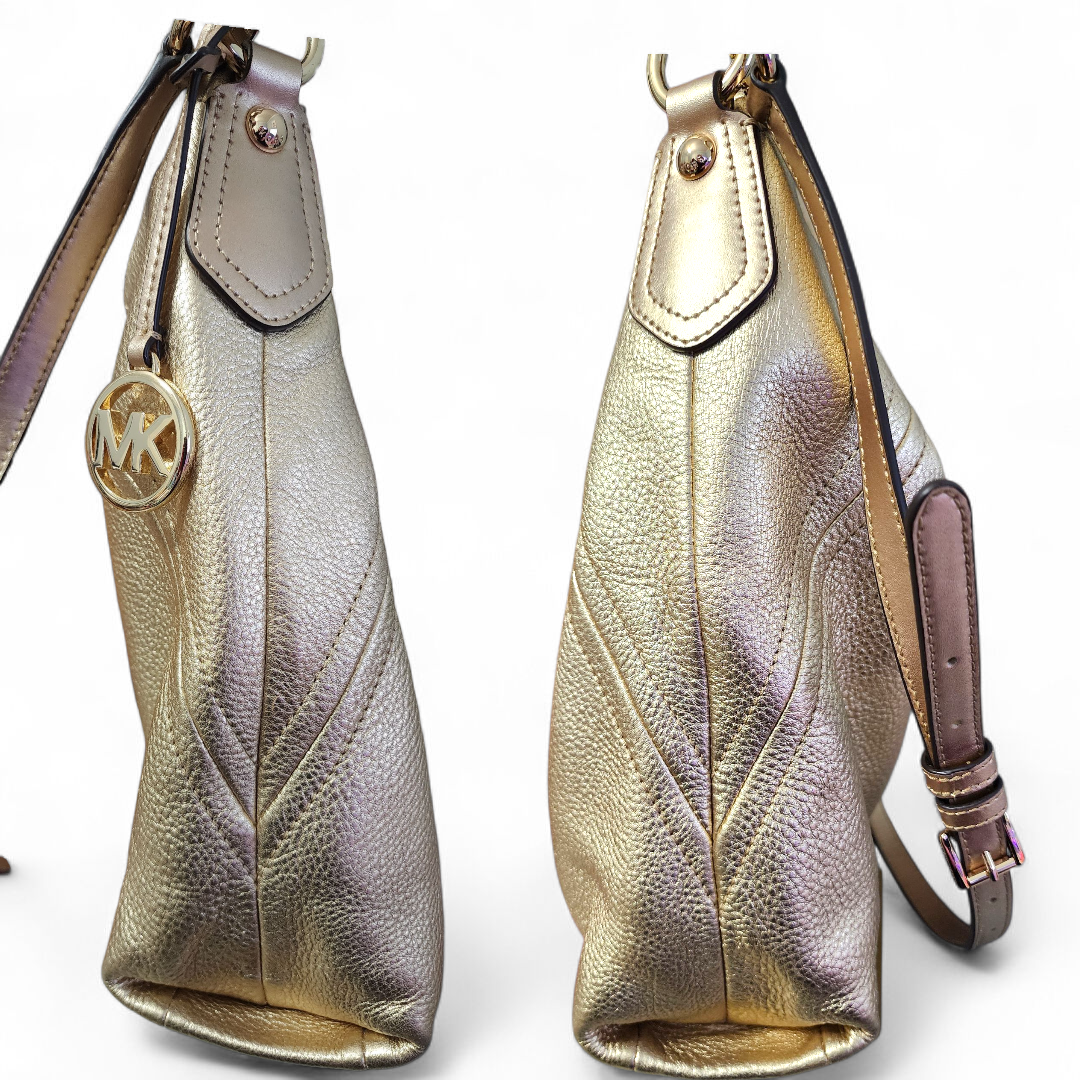 Michael Kors Aria Gold Soft Pebbled Leather Shoulder Hobo Bag