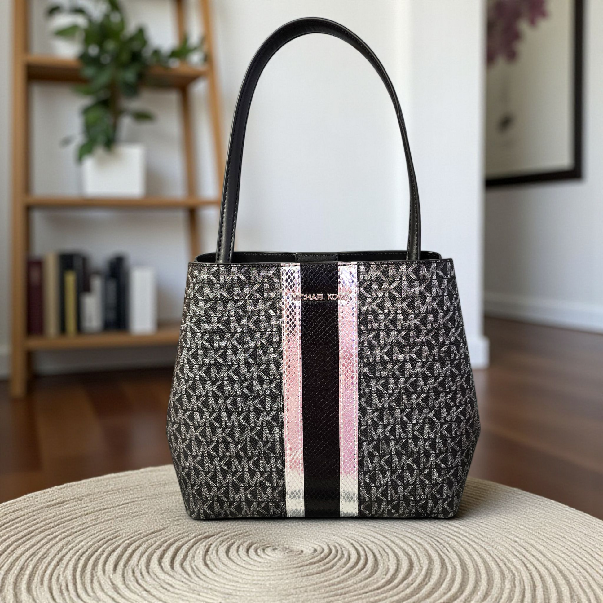 Michael Kors Pratt Bucket Silver Striped Glitter Signature Shoulder Tote Handbag