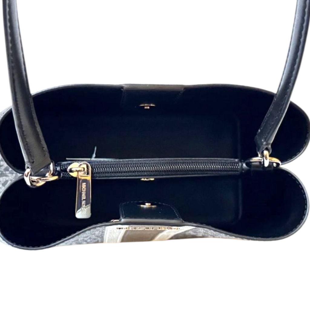 Michael Kors Pratt Bucket Silver Striped Glitter Signature Shoulder Tote Handbag