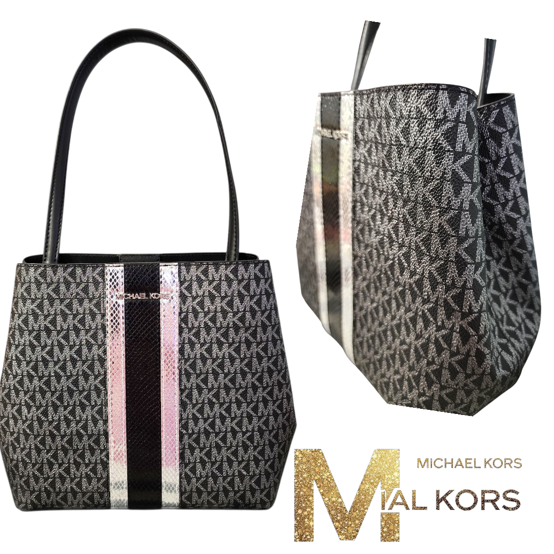 Michael Kors Pratt Bucket Silver Striped Glitter Signature Shoulder Tote Handbag