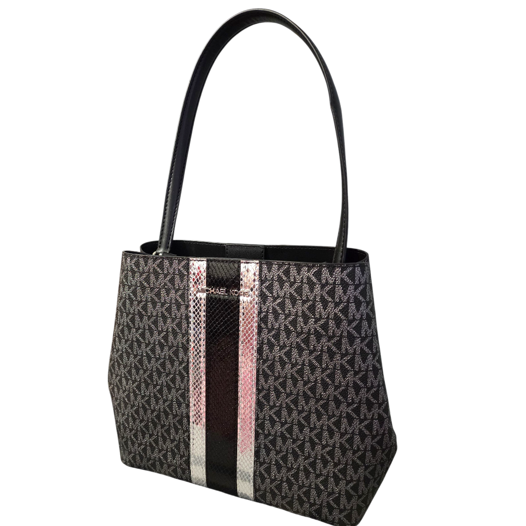 Michael Kors Pratt Bucket Silver Striped Glitter Signature Shoulder Tote Handbag
