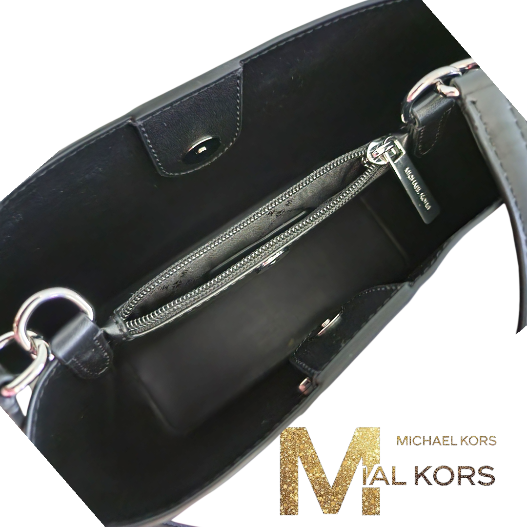 Michael Kors Pratt Bucket Silver Striped Glitter Signature Shoulder Tote Handbag