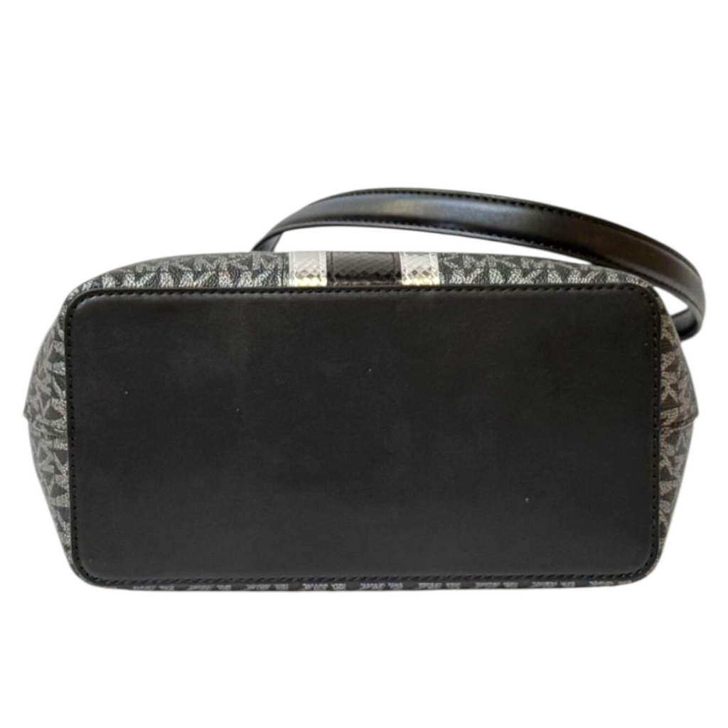 Michael Kors Pratt Bucket Silver Striped Glitter Signature Shoulder Tote Handbag