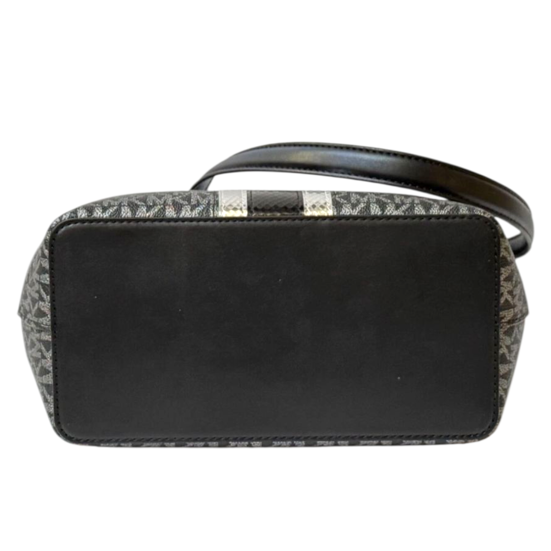 Michael Kors Pratt Bucket Silver Striped Glitter Signature Shoulder Tote Handbag