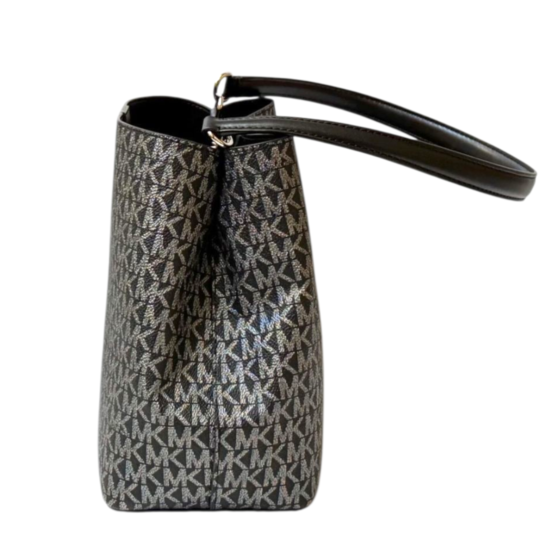 Michael Kors Pratt Bucket Silver Striped Glitter Signature Shoulder Tote Handbag