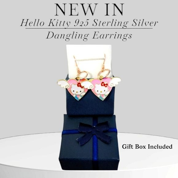 Hello Kitty 925 Sterling Silver Rose Gold Dangling Earrings with Gift Box