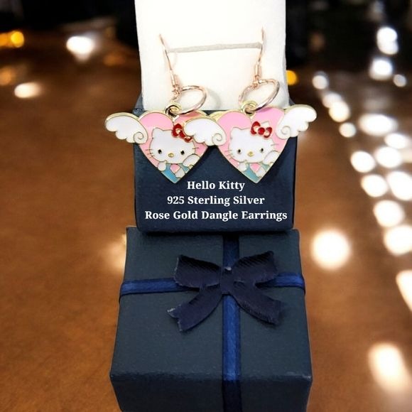 Hello Kitty 925 Sterling Silver Rose Gold Dangling Earrings with Gift Box