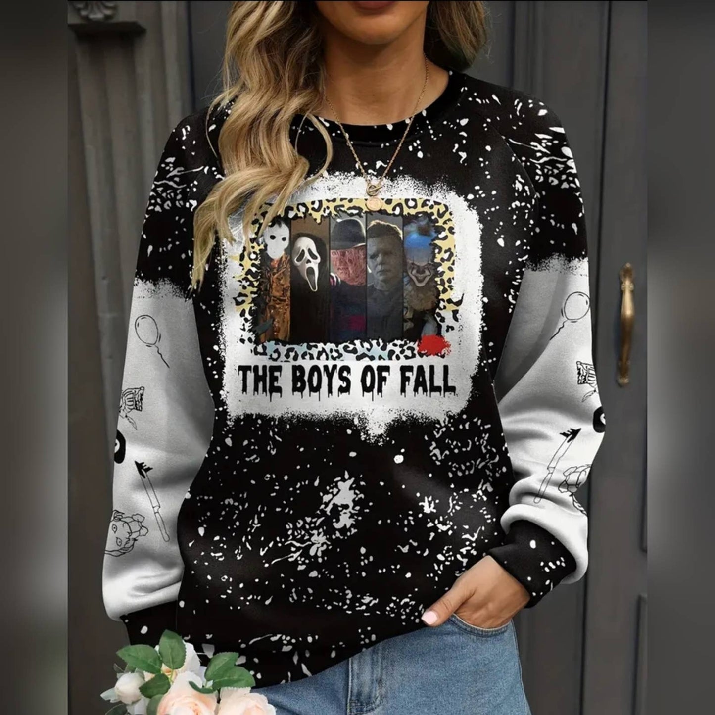 Women's "The Boys Of Fall" Black and White Horror-Themed Graphic Sweatshirt XXL